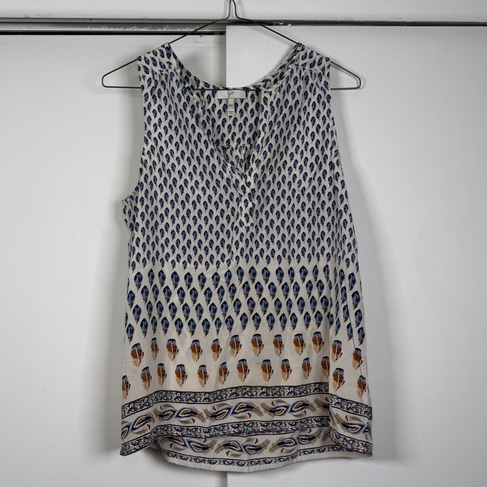 Joie Womens XXS Silk Blend Feather Print V-Neck‎ Flowy Blouse Cream Blue SS